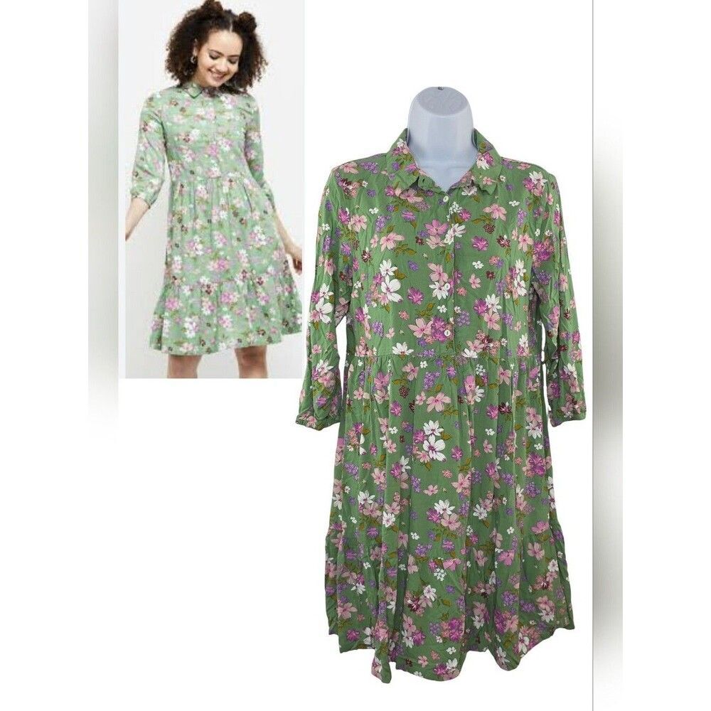 Max Cares Girl's XL 16 Green Floral Button-Front Dress 3913-